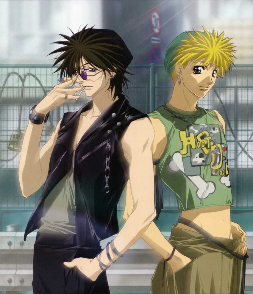 amano_ginji ban_mido black_hair blonde_hair brown_eyes cigarette getbackers ginji_amano highres male male_focus midou_ban midriff nakajima_atsuko purple_eyes sunglasses