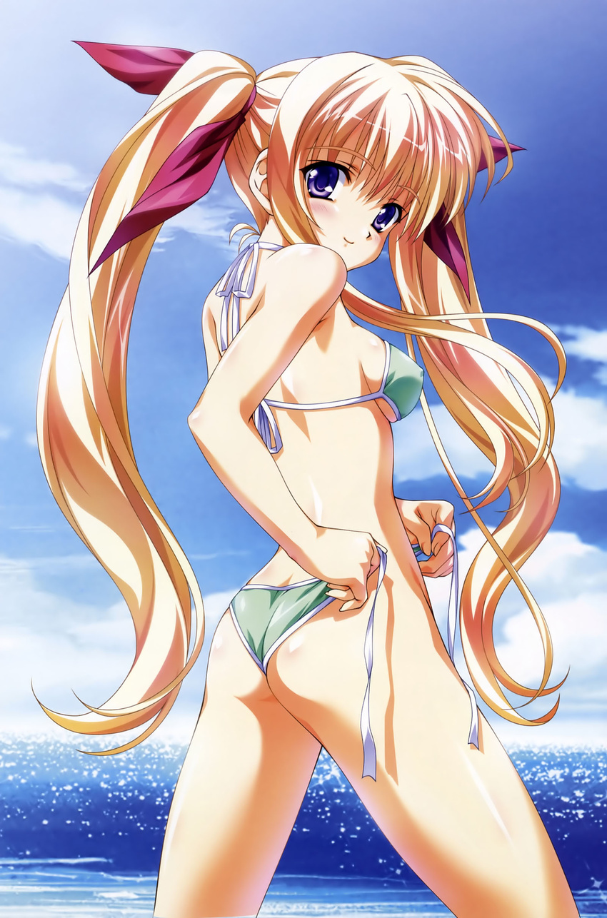 absurdres ass beach bikini blonde_hair blush breasts cloud covered_nipples day hair_ribbon highres long_hair looking_back medium_breasts nagisano ocean outdoors purple_eyes ribbon side-tie_bikini sideboob sky solo string_bikini swimsuit tsukasa_yuuki twintails untied untied_bikini water yagyuu_aoi