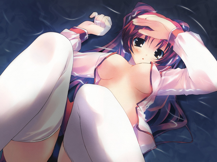 artist_request blush breasts brown_eyes kousaka_tamaki large_breasts red_hair solo thighhighs to_heart_2 twintails wet wet_clothes