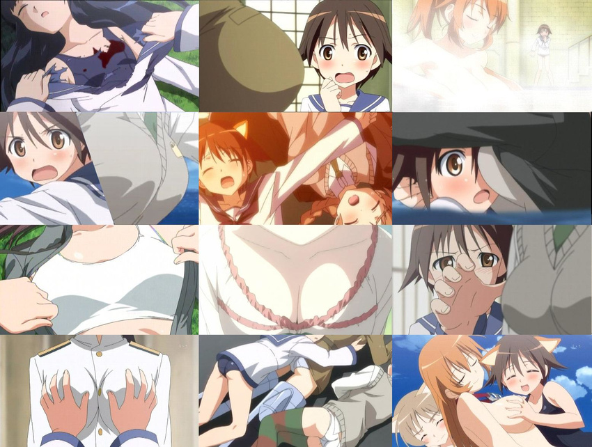 ass breast_grab breasts charlotte_e_yeager collage grabbing large_breasts lynette_bishop miyafuji_yoshika multiple_girls one-piece_swimsuit panties sakamoto_mio school_swimsuit screencap strike_witches swimsuit underwear world_witches_series