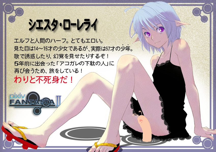 bad_id bad_pixiv_id blue_hair character_profile dress feet geta john_sandwich long_legs male_focus otoko_no_ko pixiv_fantasia pixiv_fantasia_2 pointy_ears purple_eyes short_hair smile solo translated