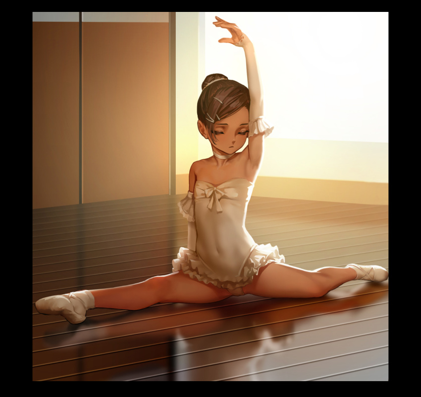 1girl arm_up armpits as109 ballerina ballet ballet_slippers bare_legs bare_shoulders black_border border brown_hair child choker closed_mouth commentary_request covered_navel detached_sleeves eyes_closed flat_chest flexible hair_bun hair_ornament hairclip highres indoors leotard linea_alba original reflection solo split spread_legs tutu white_footwear white_legwear white_leotard
