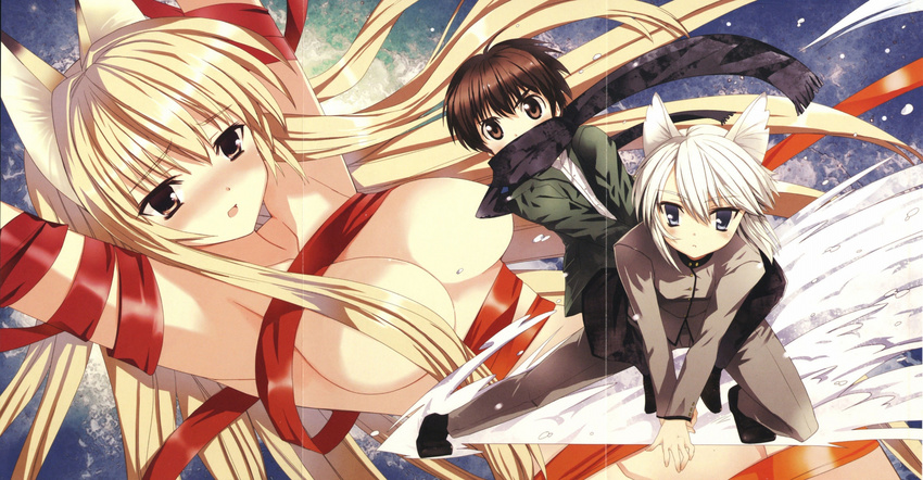 2girls blonde_hair blue_eyes breasts ezomori_nozomu highres kanokon koin_(foxmark) large_breasts long_hair minamoto_chizuru multiple_girls naked_ribbon oyamada_kouta ribbon scarf school_uniform short_hair