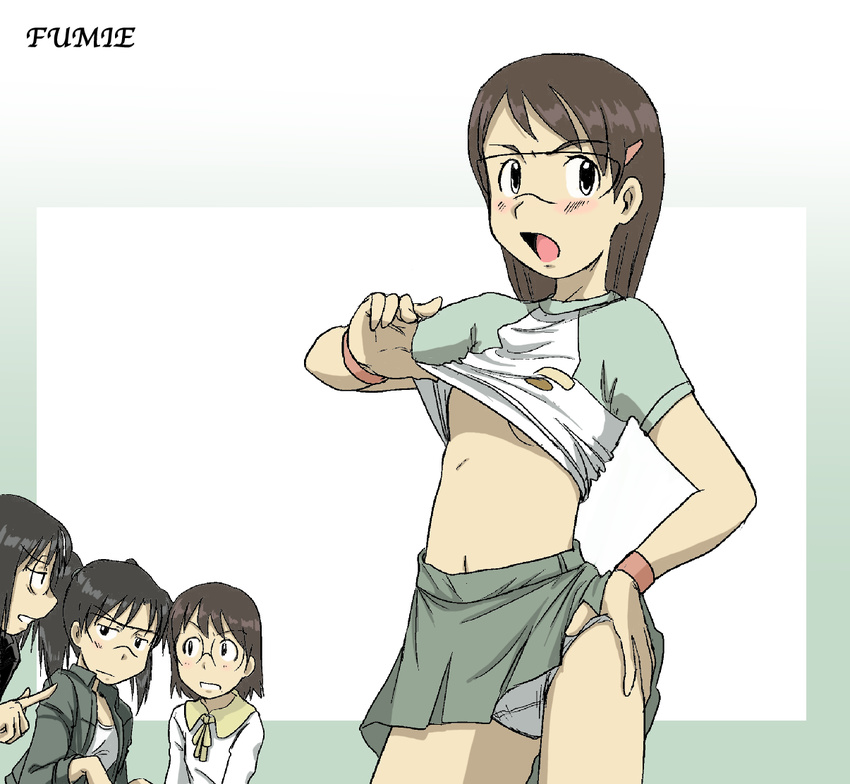 amasawa_yuuko black_hair brown_hair dennou_coil glasses harakawa_tamako hashimoto_fumie kakkii long_hair multiple_girls no_bra okonogi_yuuko panties raglan_sleeves shirt_lift short_hair skirt underwear