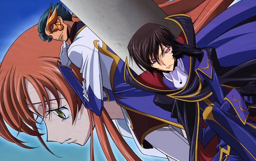 2boys absurdres cape code_geass highres jeremiah_gottwald lelouch_lamperouge multiple_boys official_art sakamoto_shuuji scan shirley_fenette tears