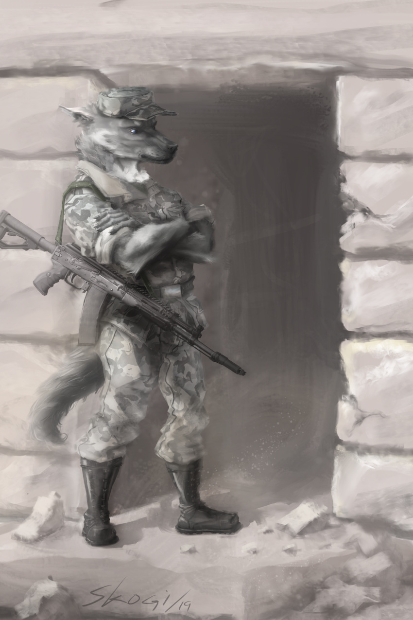 absurd_res anthro belt blue_eyes boots camo canid canine canis clothing footwear fur grey_fur gun hat hi_res invalid_tag male mammal ranged_weapon rifle rolled_sleeves skogi solo standing uniform weapon whiskers wolf