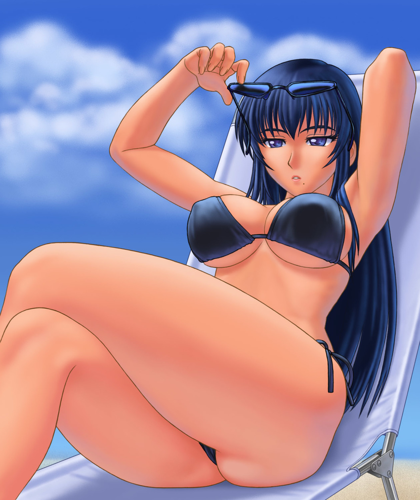 artist_request bikini blue_eyes blue_hair breasts copyright_request crossed_legs day highres large_breasts long_hair mole mole_under_mouth side-tie_bikini sitting solo sunglasses swimsuit underboob
