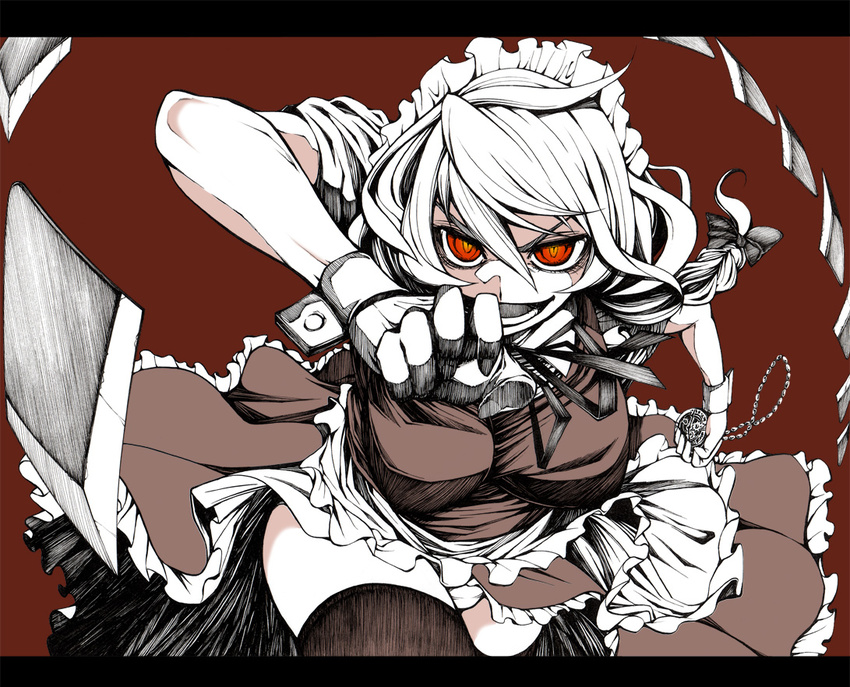 face izayoi_sakuya letterboxed maid monochrome red red_background red_eyes simple_background solo thighhighs touhou uousa-ou