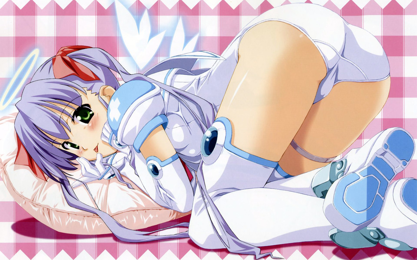 :p angel angel_wings armor ass bangs blue_hair blush boots border breasts crossed_legs djibril_aries elbow_gloves from_side gem gloves glowing glowing_wings green_eyes hair_ribbon halo hands_on_own_face highres jinno_hikari kuuchuu_yousai long_hair looking_at_viewer looking_back magical_girl makai_tenshi_djibril makai_tenshi_djibril_2 mini_wings naughty_face official_art one-piece_swimsuit pillow plaid plaid_background puffy_short_sleeves puffy_sleeves red_cross ribbon sailor_collar school_swimsuit shadow shin_guards short_sleeves shoulder_pads sidelocks sitting small_breasts solo swimsuit swimsuit_costume thigh_boots thighhighs thighlet tongue tongue_out top-down_bottom-up twintails very_long_hair wallpaper white_gloves white_legwear white_school_swimsuit white_swimsuit widescreen wings