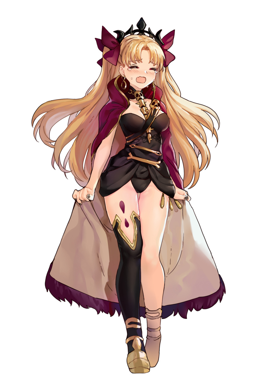 1girl anklet asymmetrical_legwear asymmetrical_sleeves bangs between_breasts black_legwear black_leotard black_nails blonde_hair bow breasts cape cape_grab crown crying earrings ereshkigal_(fate/grand_order) eyes_closed facing_viewer fate/grand_order fate_(series) full_body gold gold_trim hair_bow highres hood hooded_cape hoop_earrings jewelry leotard long_hair medium_breasts nail_polish open_mouth parted_bangs purple_bow purple_cape simple_background single_sleeve single_thighhigh skull solo spine standing tears thighhighs two_side_up very_long_hair wavy_mouth white_background wumumu yellow_footwear