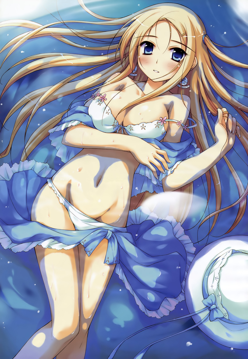 absurdres bikini blonde_hair blue_eyes blush breasts carina_verritti earrings groin hair_ornament hairclip hat highres jewelry ko~cha large_breasts long_hair lying non-web_source shukufuku_no_campanella smile solo swimsuit undressing water windmill_(company)