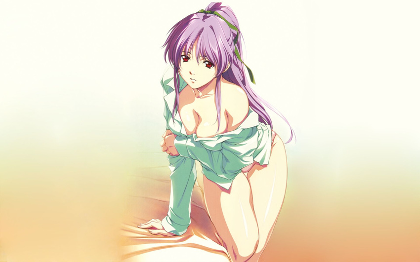 arm_grab arm_support bangs bare_shoulders bed breasts cleavage downblouse dress_shirt hair_ribbon highres horibe_hiderou indoors isaku large_breasts leaning long_hair no_bra no_pants off_shoulder official_art panties pink_panties ponytail purple_hair red_eyes ribbon shirt shuusaku solo standing takabe_eri thigh_gap thighs underwear wallpaper widescreen