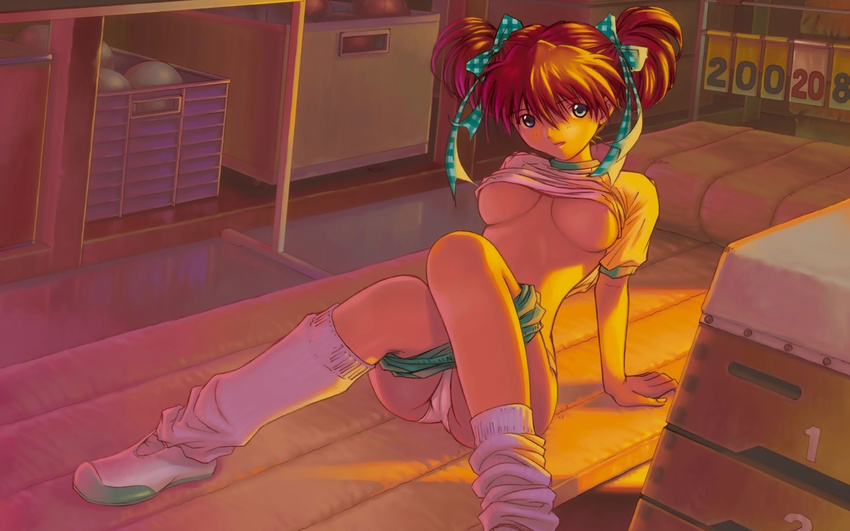 alternate_hairstyle breasts gym_storeroom hair_ribbon highres indoors jpeg_artifacts kneehighs kobayashi_yuuji medium_breasts neon_genesis_evangelion red_hair ribbon short_twintails socks solo souryuu_asuka_langley twintails underboob wallpaper white_legwear widescreen