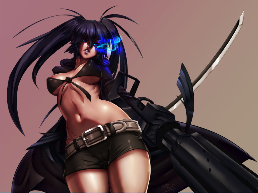 1girl absurdres areola_slip areolae arm_cannon belt belt_buckle bikini_top black_hair black_rock_shooter black_rock_shooter_(character) black_sclera blue_eyes breasts breasts_apart buckle burning_eye commentary dual_wielding english_commentary erect_nipples front-tie_bikini front-tie_top glowing glowing_eye highres holding huge_weapon katana long_hair looking_at_viewer medium_breasts midriff pink_background reverse_grip scar shiny shiny_skin shorts signhereplease solo sword thick_thighs thighs twintails underboob weapon