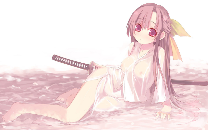 95-tan arm_support bangs bare_legs barefoot breasts brown_hair caustics closed_mouth crossed_legs dress_shirt eyebrows_visible_through_hair full_body hair_between_eyes hair_ribbon half_updo highres holding holding_sword holding_weapon japanese_clothes kashiwamochi_yomogi katana leaning_to_the_side lens_flare light_blush long_hair looking_at_viewer medium_breasts nipples os-tan outdoors parted_bangs reclining red_eyes ribbon see-through sheath sheathed shirt side_slit sidelocks sitting skirt solo sword sword_behind_back very_long_hair wallpaper water weapon wet wet_clothes wet_shirt wet_skirt white_shirt white_skirt widescreen