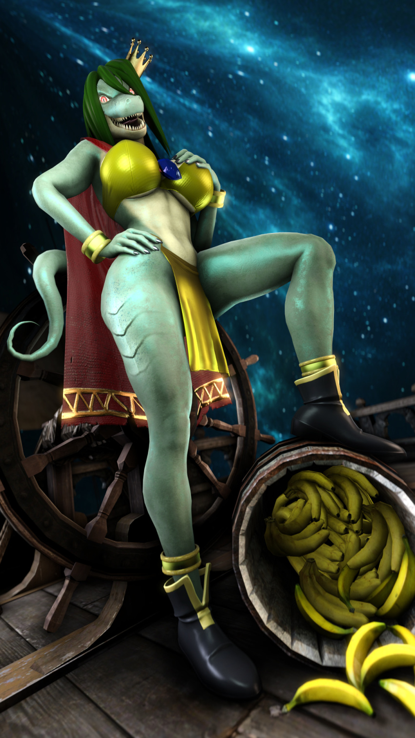 3d_(artwork) bikini breasts cape clothing crocodilian crown digital_media_(artwork) donkey_kong_(series) female hair king_k_rool looking_at_viewer muetank nintendo open_mouth reptile scalie solo source_filmmaker swimsuit teeth video_games