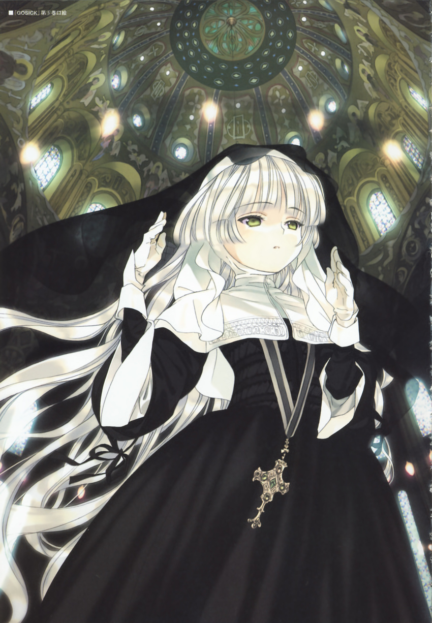 absurdres blonde_hair church costume cross gloves gosick green_eyes highres jewelry long_hair necklace nun official_art solo takeda_hinata victorica_de_blois white_hair yellow_eyes