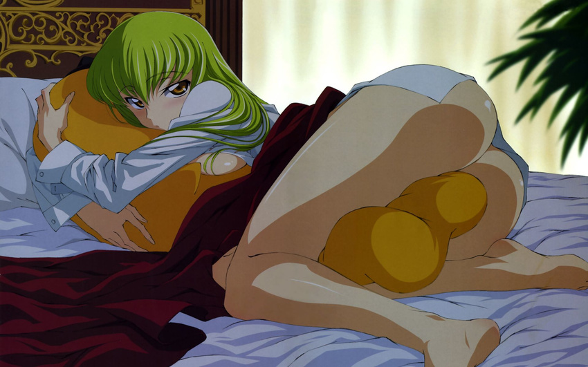 ass bed blush c.c. cheese-kun code_geass green_hair highres hug long_hair lying open_clothes open_shirt pizza_hut shirt solo tabata_hisayuki wallpaper widescreen yellow_eyes