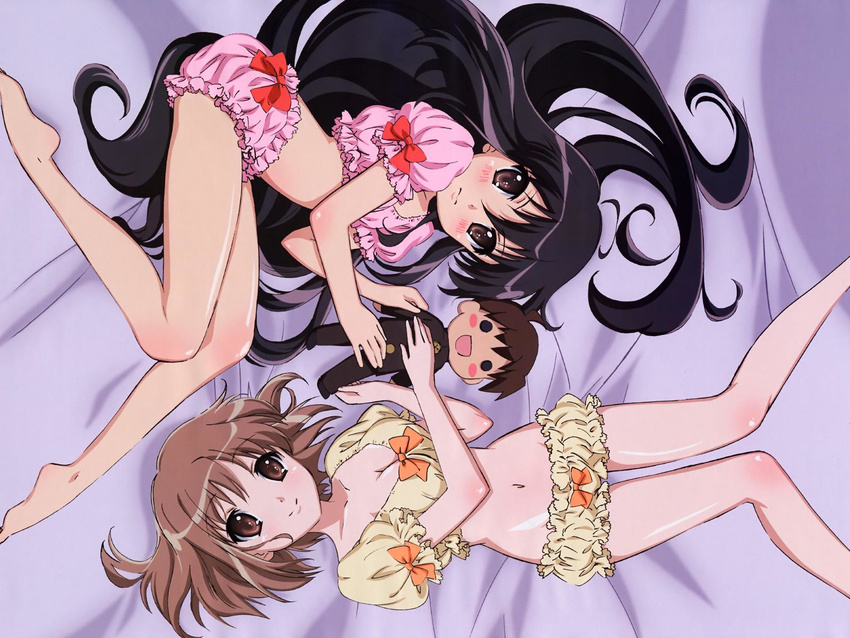 :d :| ahoge aizawa_sumie annoyed bangs barefoot bed_sheet black_hair bloomers blush blush_stickers body_blush bow breasts brown_eyes brown_hair character_doll cleavage closed_mouth crop_top doll embarrassed flat_chest frills from_above gakuran hair_between_eyes hair_spread_out head_tilt highres holding indoors jpeg_artifacts legs light_smile lingerie long_hair looking_at_viewer looking_back lying multiple_girls navel negligee o_o official_art on_back on_side open_mouth parted_bangs profile puffy_short_sleeves puffy_sleeves sakai_yuuji scan school_uniform shakugan_no_shana shakugan_no_shana_ii shana short_hair short_sleeves small_breasts smile underwear underwear_only v-shaped_eyebrows very_long_hair wallpaper wide_hips yoshida_kazumi