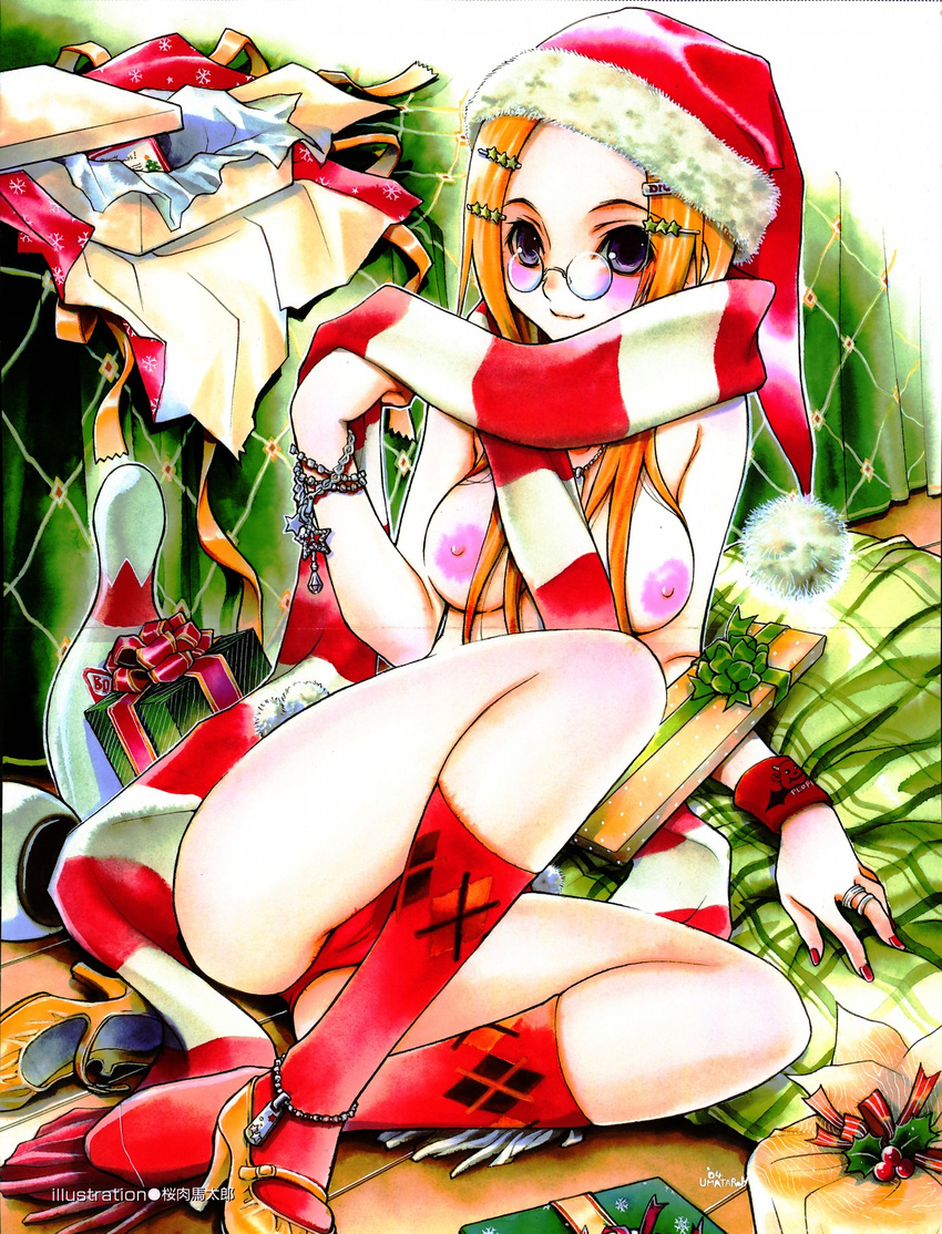 areolae argyle argyle_legwear artist_request blush bracelet breasts christmas glasses hair_ornament hairclip hat highres jewelry large_breasts long_hair nail_polish orange_hair original panties red_legwear red_nails ring santa_costume santa_hat scan scarf shoes single_shoe sitting smile socks solo star star_hair_ornament striped striped_scarf topless underwear