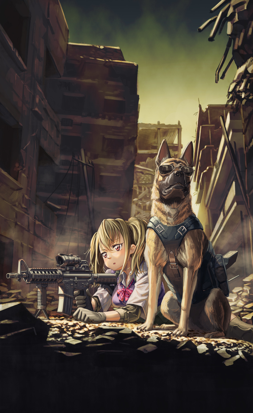 1girl assault_rifle bipod blonde_hair bow bowtie brown_eyes building city dog elbow_pads foregrip german_shepherd gloves gun highres hironii_(hirofactory) knee_pads load_bearing_vest lying m4_carbine military on_stomach open_mouth original reflection rifle rubble school_uniform sky sunglasses twintails vest war weapon