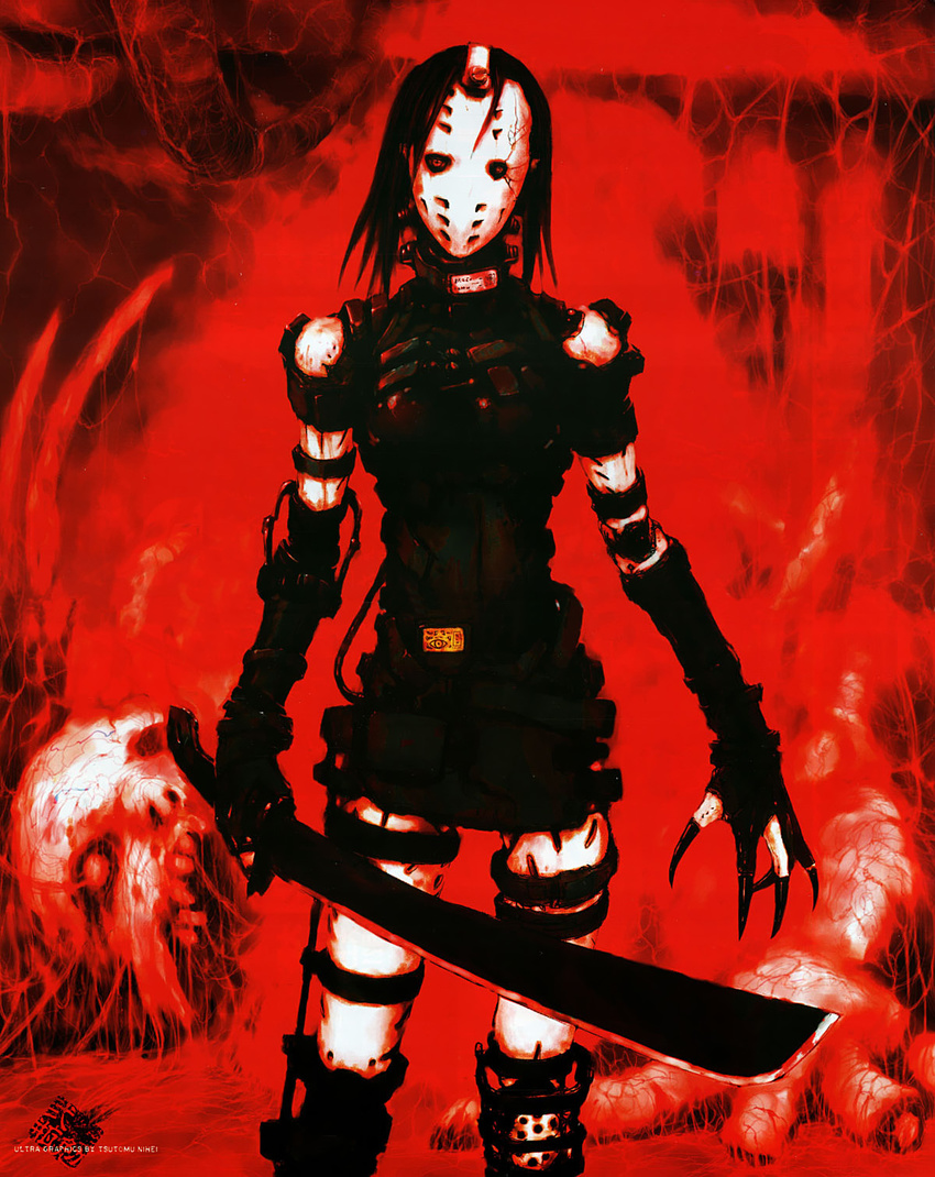 belt blood copyright_request guro highres horror_(theme) mask nihei_tsutomu red red_background sinister skull solo sword weapon