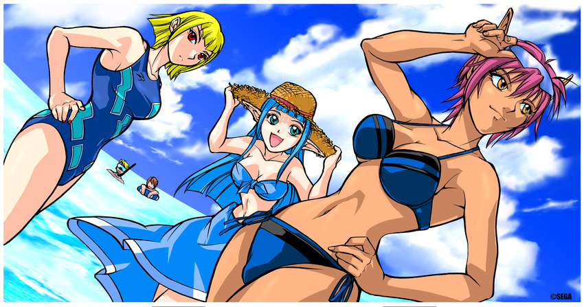 3girls adjusting_eyewear ash_(phantasy_star_online) bandeau beach bernie_(phantasy_star_online) bikini blue_sarong breasts cleavage cloud competition_swimsuit dark_skin day diving_mask dutch_angle eyewear_on_head front-tie_top hand_on_hip hat highres innertube large_breasts medium_breasts multiple_boys multiple_girls nail_polish ocean one-piece_swimsuit outdoors phantasy_star phantasy_star_online pointy_ears ramarl red_nails rupika sarong side-tie_bikini skirt sky smile snorkel strapless straw_hat sue_(phantasy_star_online) sunglasses swimsuit tan thighs tubetop wading water