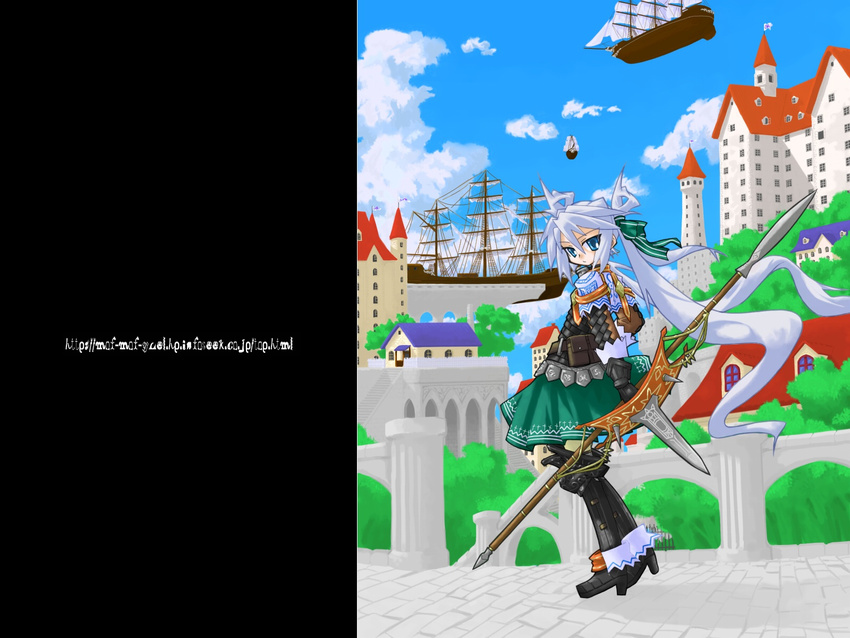 armor blue_eyes blue_hair castle gloves highres long_hair mof mof's_silver_haired_twintailed_girl original polearm ship solo spear twintails very_long_hair watercraft weapon