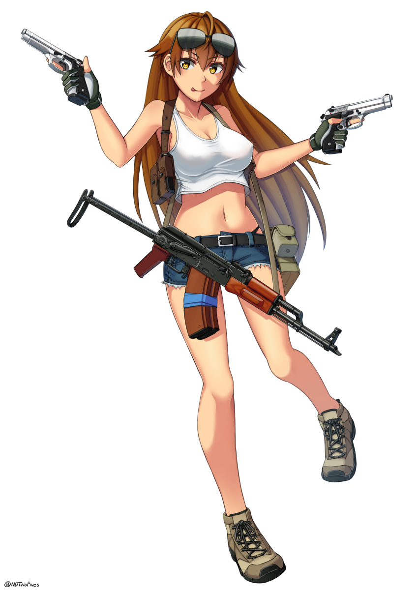 1girl ahoge akms assault_rifle bare_shoulders belt belt_buckle belt_pouch beretta_92 black_lagoon boots breasts brown_hair buckle cleavage commentary_request cross-laced_footwear cutoffs denim denim_shorts dual_wielding erect_nipples eyebrows_visible_through_hair eyewear_on_head full_body gloves gun hair_between_eyes handgun highleg highleg_panties highres holding holster lace-up_boots large_breasts long_hair looking_at_viewer navel ndtwofives panties partly_fingerless_gloves pistol ponytail pouch revy_(black_lagoon) rifle shorts shoulder_holster smile solo sunglasses tank_top tongue tongue_out twitter_username underwear weapon white_background yellow_eyes