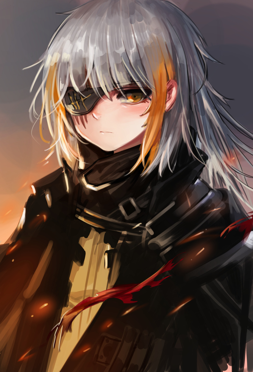 1girl absurdres bangs black_jacket blush brown_eyes brown_shirt closed_mouth commentary_request dokomon eyepatch girls_frontline grey_hair hair_between_eyes highres jacket korean_commentary long_hair looking_at_viewer m16a1_(girls_frontline) multicolored_hair open_clothes open_jacket orange_hair shirt solo streaked_hair upper_body