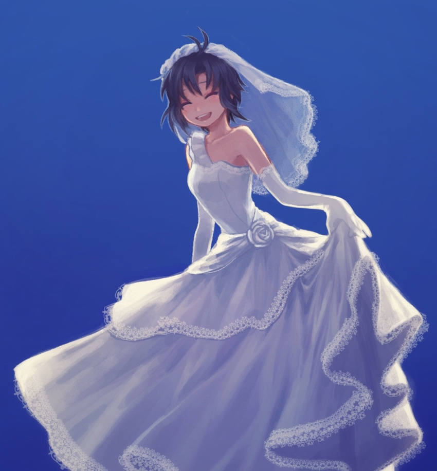 1girl :d ^_^ antenna_hair bangs bare_shoulders black_hair blue_background blush breasts bridal_veil closed_eyes dress elbow_gloves eyes_closed facing_viewer gloves happy highres idolmaster idolmaster_(classic) kikuchi_makoto long_dress naname_(fossama1) open_mouth short_hair simple_background small_breasts smile solo standing upper_teeth veil wedding_dress white_dress white_gloves