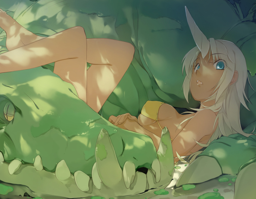 barefoot bikini_top blue_eyes breasts covered_nipples crocodile crocodilian dappled_sunlight dark_skin horn large_breasts legs_up looking_at_viewer lying maruku monster monster_girl on_back open_mouth original skindentation solo sunlight underboob white_hair