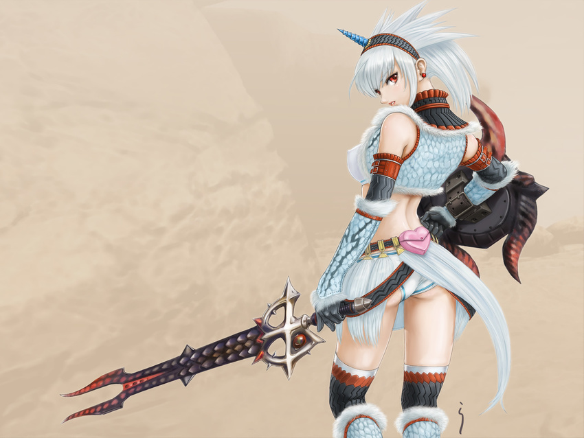 albino armor ass belt breasts covered_nipples earrings elbow_gloves gloves hairband highres horn jewelry kirin_(armor) looking_back medium_breasts midriff monster_hunter panties rasukaru red_eyes shield solo sword thighhighs underwear wallpaper weapon white_hair