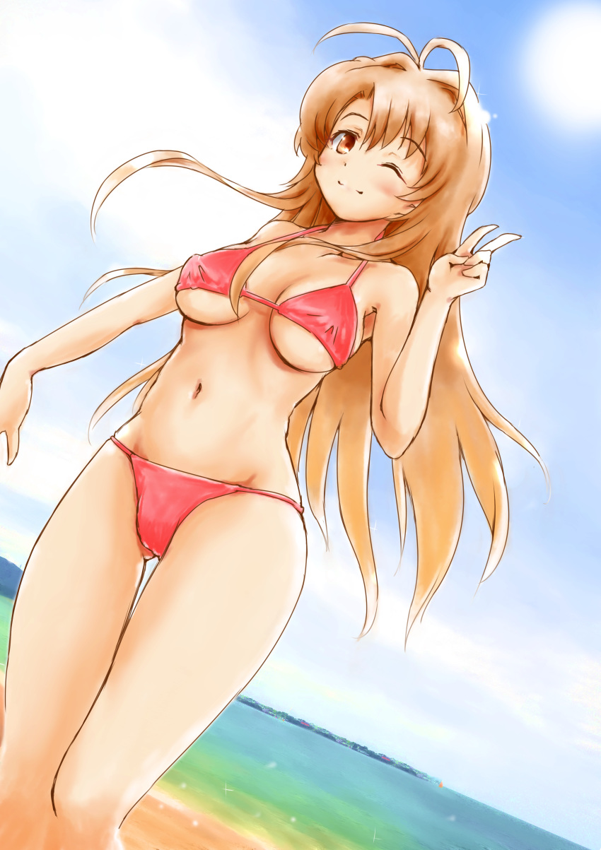 1girl ;) absurdres antenna_hair bikini blue_sky breasts brown_eyes brown_hair commentary_request day dutch_angle erect_nipples feet_out_of_frame from_below gluteal_fold hair_intakes highres long_hair love_hina medium_breasts narusegawa_naru navel ocean one_eye_closed red_bikini shimamoto_(natsuki) sky smile solo swimsuit thigh_gap underboob v