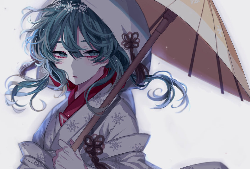 1girl bakku_(fspz4427) blue_eyes blue_hair close-up curly_hair expressionless face floating_hair grey_background hair_between_eyes hair_ornament half-closed_eyes hatsune_miku highres holding holding_umbrella japanese_clothes looking_away oriental_umbrella shaded_face simple_background snowflake_hair_ornament snowflake_print snowflakes solo umbrella upper_body vocaloid yuki_miku