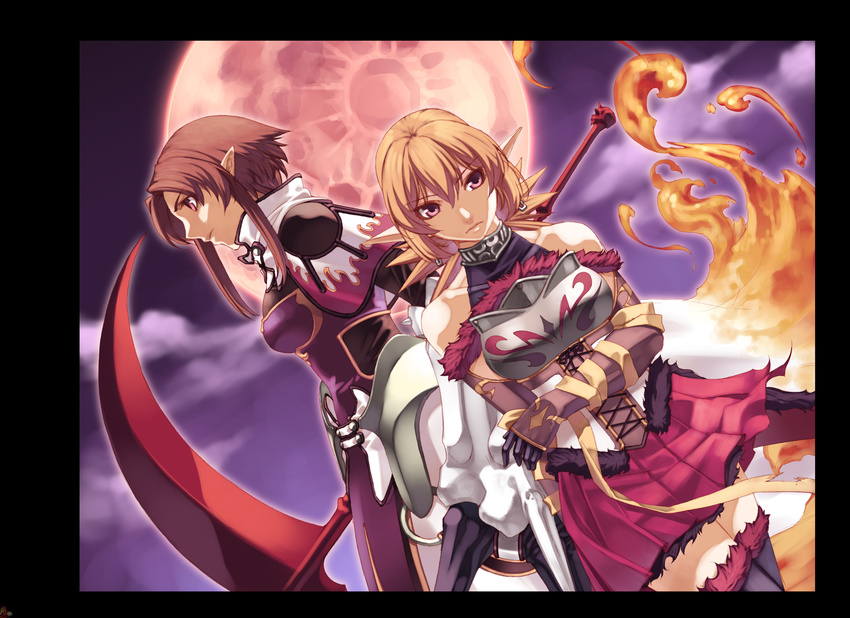 absurdres armor armored_dress blonde_hair brown_hair dress fire gloves highres hirano_katsuyuki hiro_(spectral_force) holding holding_scythe moon multiple_girls official_art purple_background roze_(spectral_souls) scythe shawl sidelocks skirt spectral_(series) spectral_souls thighhighs