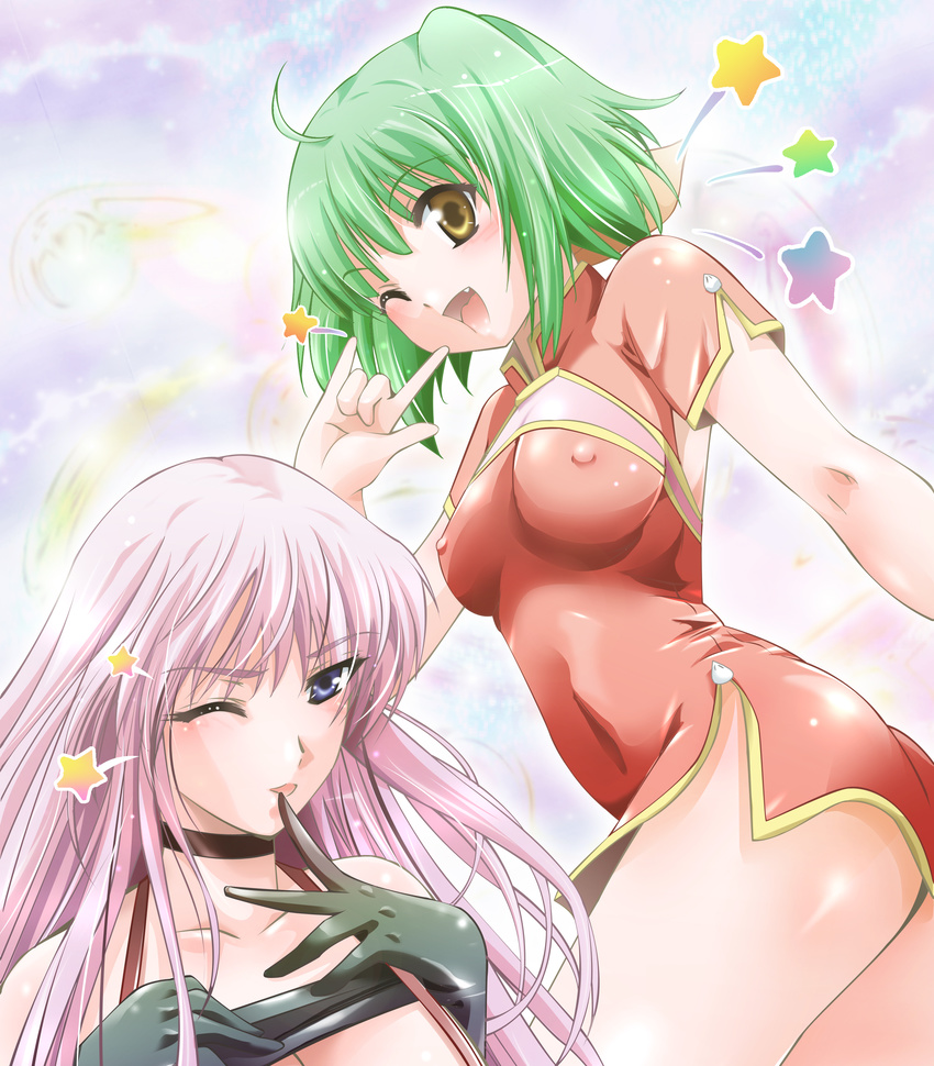 \m/ absurdres arino_hiroshi breasts covered_nipples highres macross macross_frontier multiple_girls one_eye_closed ranka_lee seikan_hikou sheryl_nome small_breasts