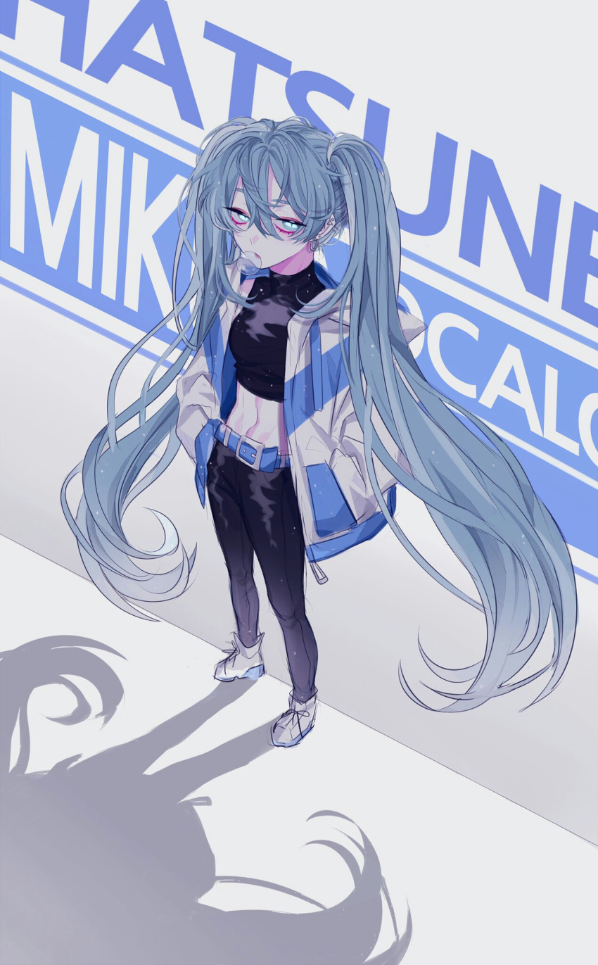 1girl against_wall alternate_costume bakku_(fspz4427) belt black_tank_top blue_hair boots character_name chewing_gum copyright_name dutch_angle earrings expressionless eyelashes from_above full_body hair_between_eyes half-closed_eyes hands_in_pockets hatsune_miku highres jacket jewelry leather leather_pants long_hair looking_away open_clothes open_jacket pants shadow solo spread_legs standing stomach tank_top turtleneck twintails very_long_hair vocaloid