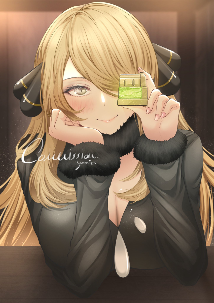 1girl akano_yomi black_coat blonde_hair blush breasts cleavage closed_mouth coat commentary commission cynthia_(pokemon) eyelashes fur-trimmed_coat fur_collar fur_trim grey_eyes hair_ornament hair_over_one_eye hands_up head_rest highres holding long_hair long_sleeves nail_polish pink_nails pokemon pokemon_(game) pokemon_dppt potion_(pokemon) smile solo