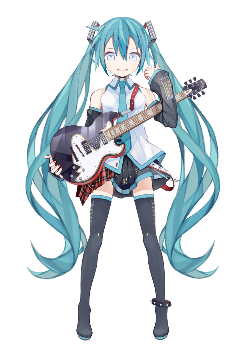 1girl anklet aqua_eyes aqua_hair arm_up bare_shoulders belt breasts detached_sleeves electric_guitar full_body guitar hair_ornament hatsune_miku highres holding holding_instrument instrument jewelry kari_kenji long_hair looking_at_viewer nail_polish shirt skirt sleeveless sleeveless_shirt small_breasts smile solo spiked_anklet standing thighhighs twintails very_long_hair vocaloid white_background white_shirt zettai_ryouiki