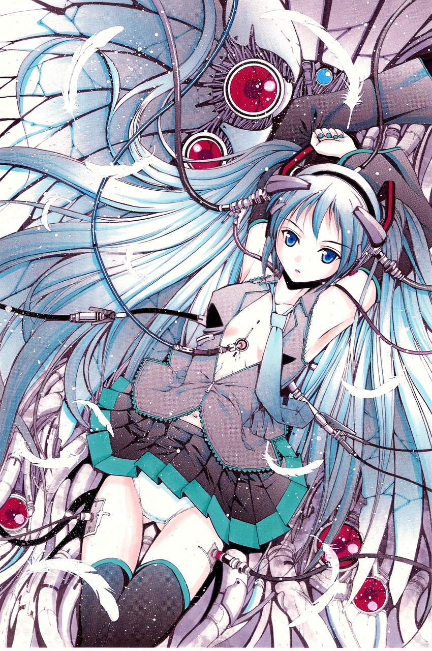 aqua_hair blue_eyes blue_hair cable detached_sleeves feathers hatsune_miku highres long_hair lying moonsorrow navel necktie open_clothes open_shirt panties shirt skirt solo thighhighs traditional_media twintails underwear vocaloid