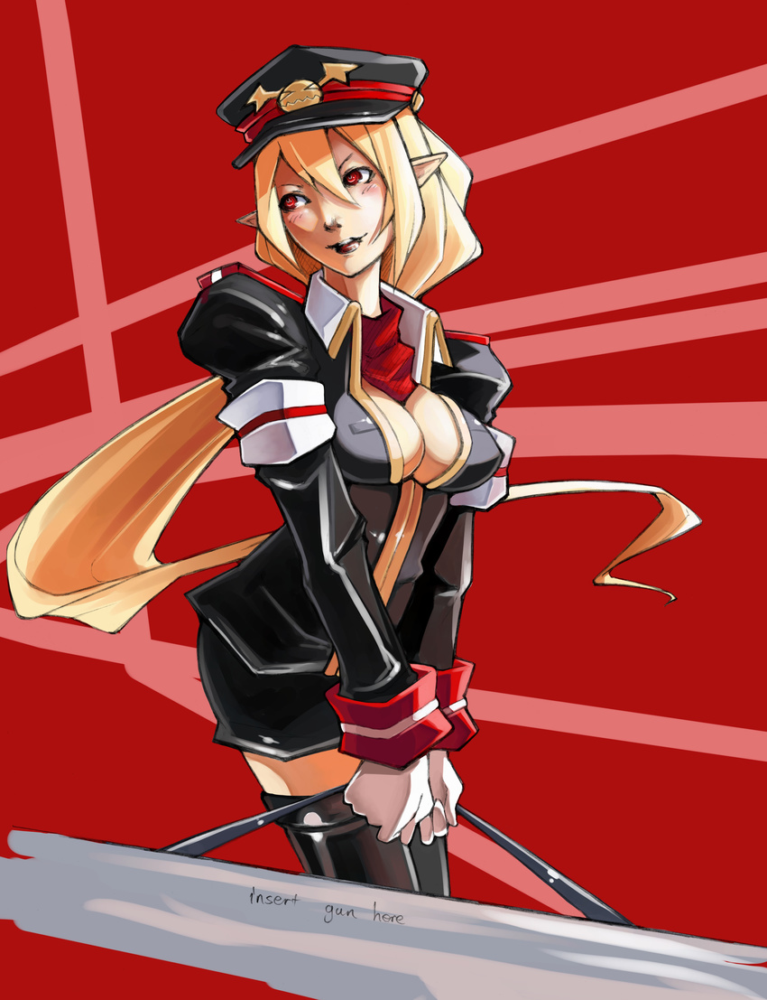 absurdres black_hat blonde_hair breasts cleavage disgaea eu03 face gloves hat highres long_hair makai_senki_disgaea_3 medium_breasts pointy_ears red_eyes salvatore_(disgaea) solo uniform very_long_hair