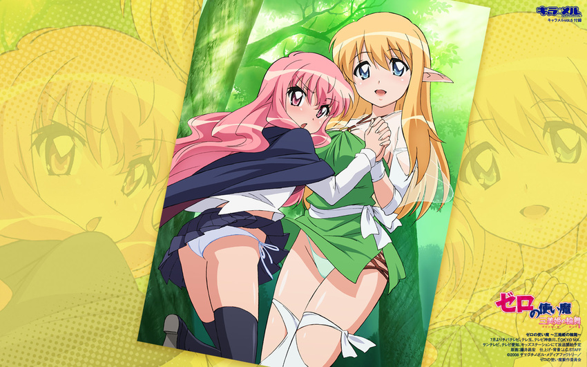 aqua_eyes blonde_hair blue_panties charamel elf fujii_masahiro green_panties highres long_hair louise_francoise_le_blanc_de_la_valliere multiple_girls panties pink_eyes pink_hair pointy_ears side-tie_panties tiffania_westwood underwear wallpaper zero_no_tsukaima