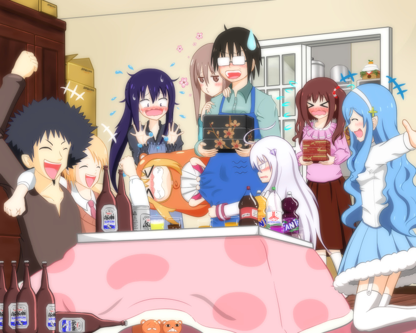 afro alcohol apron beer beer_bottle blonde_hair blue_hair cola commentary_request diamond_hair_ornament doma_taihei doma_umaru ebina_nana fanta glasses hairband hamster hamster_hood highres himouto!_umaru-chan kongou_hikari kongou_kanau minminnanagon motoba_kirie nekoronbusu new_year pulled_by_another table tachibana_sylphynford twintails