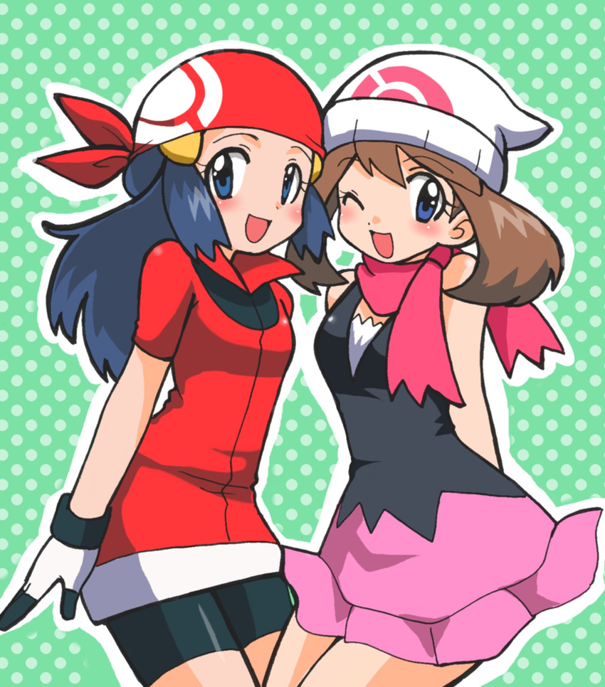 bandana beanie bike_shorts blue_eyes cosplay costume_switch haruka_(pokemon) haruka_(pokemon)_(cosplay) hat highres hikari_(pokemon) hikari_(pokemon)_(cosplay) multiple_girls nanjou_akimasa one_eye_closed pokemon scarf skirt smile