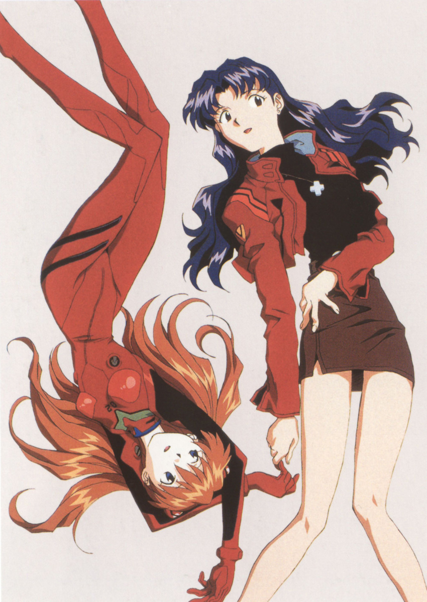 2girls 90s blue_eyes blue_hair breasts brown_eyes cross curvy female greek_cross jewelry katsuragi_misato long_hair long_legs multiple_girls nakayama_katsuichi necklace neon_genesis_evangelion official_art open_mouth pencil_skirt plugsuit scan skirt soryu_asuka_langley twintails