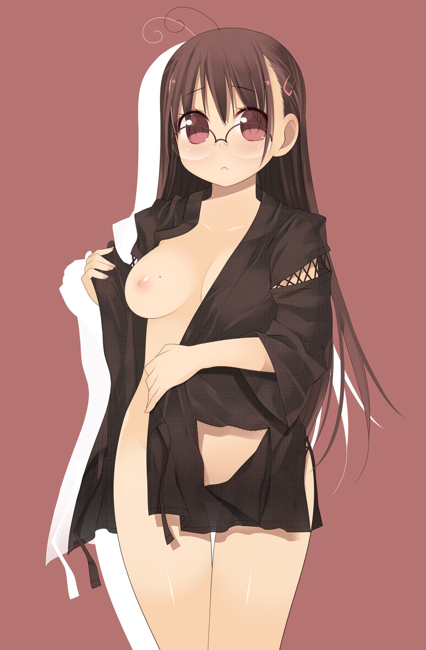 arima_senne breasts glasses highres kashiwamochi_yomogi long_hair medium_breasts nipples no_bra open_clothes open_shirt original shirt solo