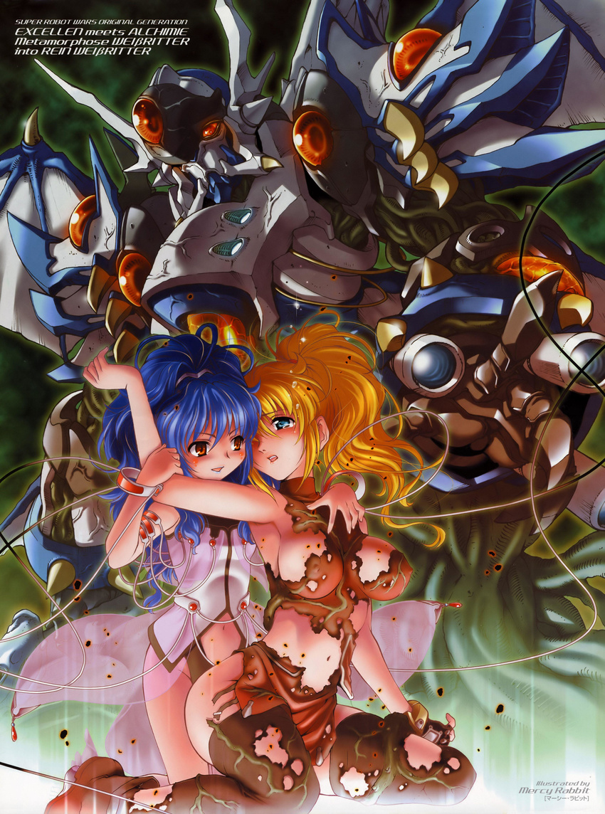absurdres alfimi blonde_hair blue_eyes blue_hair breasts covered_nipples dissolving_clothes excellen_browning flat_chest highres large_breasts long_hair mecha mercy_rabbit midriff multiple_girls ponytail red_eyes rein_weissritter super_robot_wars thighhighs weissritter yuri
