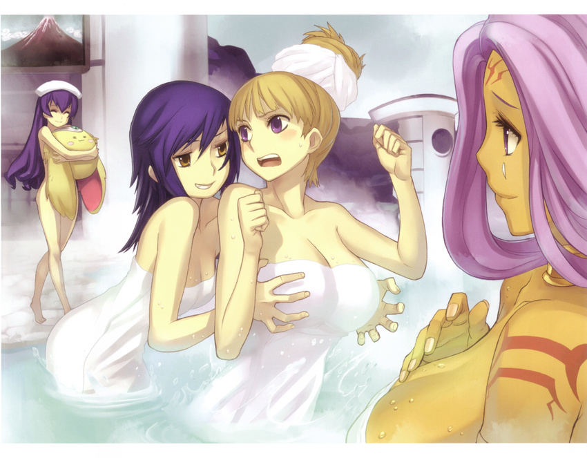 amarie_jerhad ar_tonelico ar_tonelico_ii bath blonde_hair blue_hair breast_grab breasts brown_eyes chroche_latel_pastalie cleavage closed_eyes cocona_vatel covering dark_skin facial_mark grabbing highres impossible_towel large_breasts long_hair luca_truelywaath multiple_girls nagi_ryou naked_towel non-web_source nude_cover official_art onsen pink_hair purple_eyes purple_hair soup_(ar_tonelico) tattoo towel water wet yellow_eyes