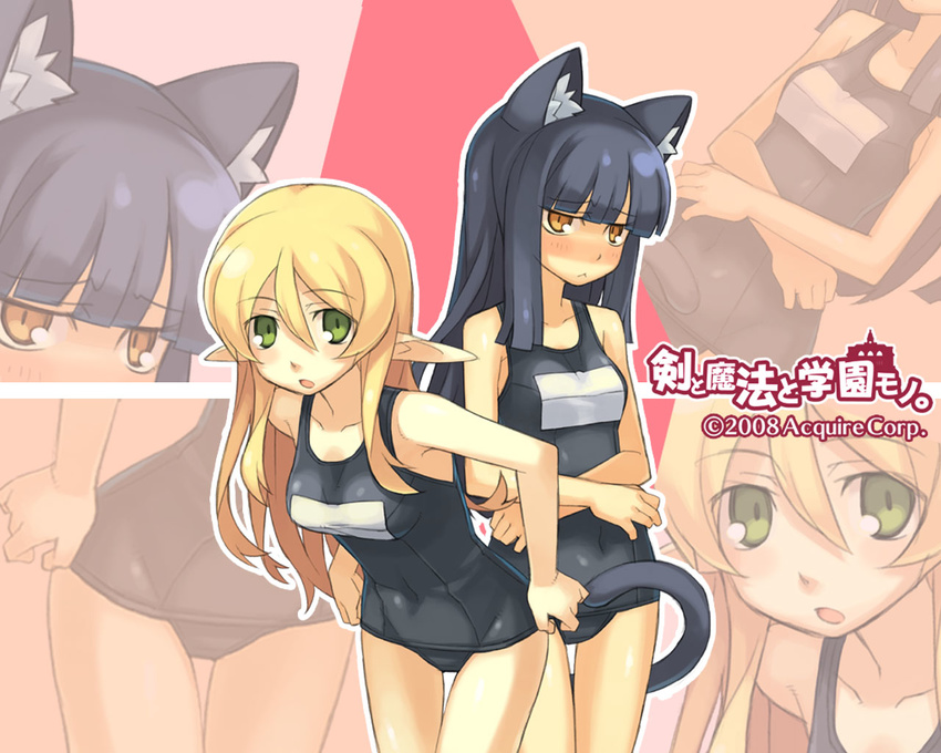 animal_ears black_hair black_school_swimsuit blonde_hair blush breasts cat_ears elf elf_(totomono) felpurr green_eyes hime_cut ken_to_mahou_to_gakuen_mono looking_at_viewer multiple_girls name_tag one-piece_swimsuit open_mouth orange_eyes pointy_ears school_swimsuit swimsuit tail thigh_gap